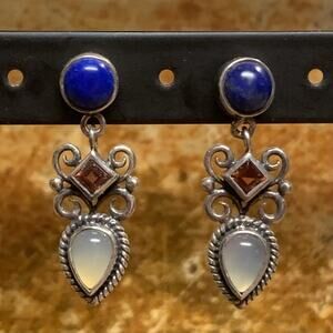 Sterling Silver, Lapis, Garnet & Opalite Earrings Dangle by LT